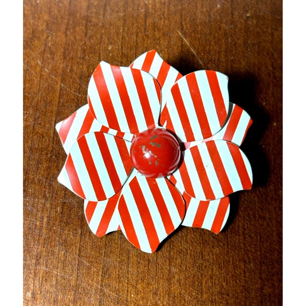 Vintage Red & White Enamel Flower Brooch Costume Jewelry